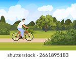 Young man riding bicycle through scenic green park on sunny day. Active lifestyle, outdoor recreation, healthy living concept. Trees, grass, blue sky and clouds in background. Vector Not AI generated
