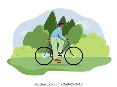 A young man is riding a bicycle through a lush green park with trees and bushes in the background, in a flat cartoon style. Vector illustration