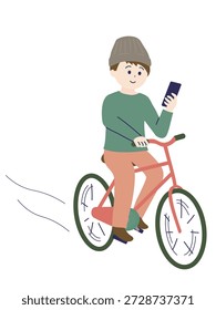 Un joven montando una bicicleta mientras mira su teléfono inteligente. Una ilustración sencilla y minimalista