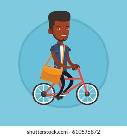 Young man riding a bicycle to work. Cyclist riding a bicycle. Businessman with briefcase on a bicycle. Healthy lifestyle concept. Vector flat design illustration in the circle isolated on background.