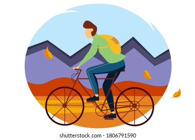 Young man riding bike among the mountains. Illustration of the concept of outdoor activities, travel, cycling. Autumn vector illustration in a flat style.