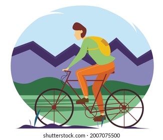 Young man riding a bike among the mountains. Active recreation, travel concept. Summer vector illustration.