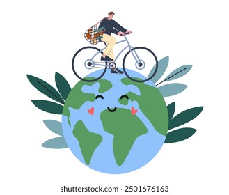 Junger Mann, der Fahrrad fährt. Öko-Konzept, Umwelt zu sparen, nicht Luftverschmutzung und keine Abfälle. Happy Earth Planet und Vektor Kerl mit Stoff Einkaufstasche auf Fahrrad