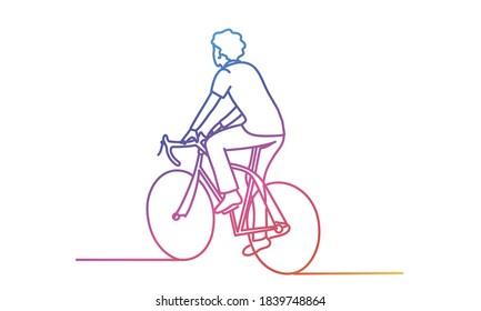 Young man riding a bike. Gradient line. Vector illustration. 