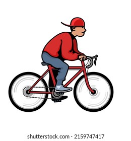 Young man riding bike. Hand drawn vector illustration in cartoon style isolated on white background.