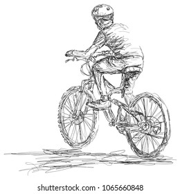 Young man riding bike on white background. Vector illustration.