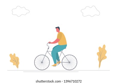 Young man is riding a bike in the park. There is also plants and clouds in the picture. The concept of sports lifestyle. Funny flat style. Vector illustration