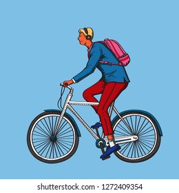  young man riding a bike. retro design pen drawing vector illustration