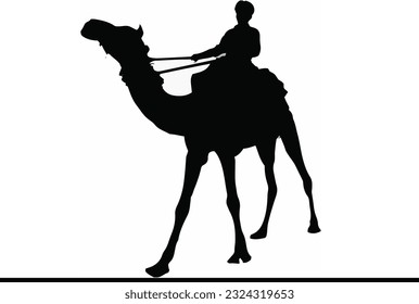  Young Man Riding Camel Silhouettes, Vector Illustration, Exotic Desert Experience: Camel Ride Silhouettes, Travel Poster Concept