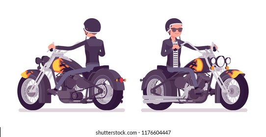 Young Man Riding A Chopper. Millennial Boy In A Helmet On A Big Heavy Motorcycle, Dream Vehicle For Extrme Sport, City Enjoyment, Speed And Drive Hobby. Vector Flat Style Cartoon Illustration