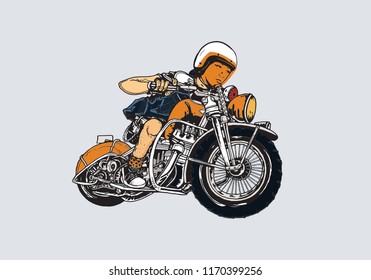 Young man riding custom motorcycle illustration