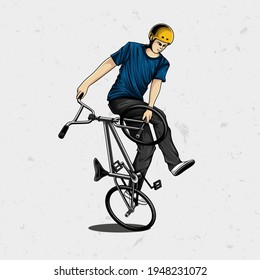 Joven montando y haciendo trucos con bmx. Ilustración aislada del deporte extremo. Diseño gráfico vectorial al estilo cómico.