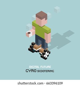 Young man riding electric gyroscooter. Cubes composition isometric vector illustration of modern device gyro scooter. Guy with cup of coffee on personal city transport.