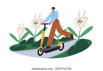 Joven montando patinete eléctrico. Persona moderna manejando transporte ecológico verde ciudad urbana. El personaje masculino viaja en un vehículo sostenible. Ilustración vectorial plana aislada en fondo blanco