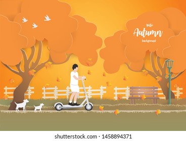 A young man riding an electric scooter in the park  on the grass in autumn background,paper craft vector and illustration.