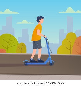 Young man riding electric scooter. Vector illustration