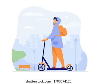 Young man riding electric scooter isolated flat vector illustration. Cartoon hipster riding along sidewalk in city park. Urban transportation and lifestyle concept