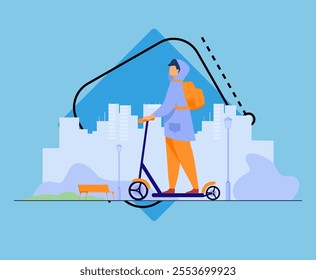 Young man riding electric scooter isolated flat vector illustration. Cartoon hipster riding along sidewalk in city park. Urban transportation and lifestyle concept