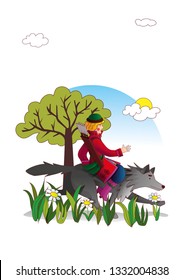 Young man riding grey wolf. Vector illustration for russian fairy tale about Firebird, Ivan Tsarevich and Grey Wolf.