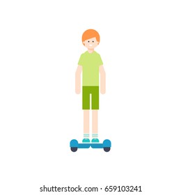 Young man is riding a gyroscope. Hover board. Flat style vector illustration.