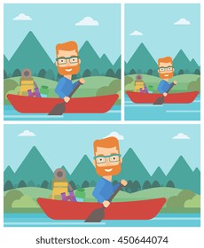 Young man riding in a kayak on the river with a skull in hands and some tourist equipment behind him. Man traveling by kayak. Vector flat design illustration. Square, horizontal, vertical layouts.