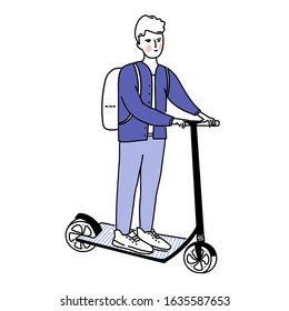 Young man riding kick scooter. Teen in blue pants and jacket standing on electric mobile vehicle. Line illustration, eco friendly transport