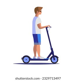 A young man riding a kick scooter isolated on the white background flat vector illustration