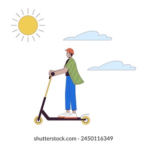 Joven montando patada scooter en el día soleado 2D lineal personaje de dibujos animados. Hombre indio disfrutando de fin de semana aislado línea de Vector persona fondo blanco. Ilustración de mancha plana de color de estilo de vida