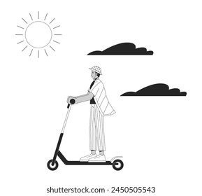 Joven montando patada scooter en el día soleado blanco y negro 2D línea personaje de dibujos animados. Hombre indio disfrutando fin de semana aislado perfil de Vector persona. Ilustración monocromática de punto plano de estilo de vida