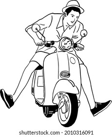 Young man riding motorbike Scooter City tourist Hand drawn line art  illustration