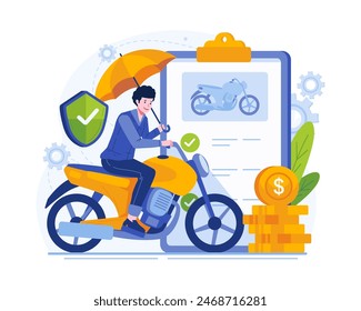 A Young Man Riding a Motorbike While Holding an Umbrella Protected by Insurance. Motorbike Insurance Illustration Concept