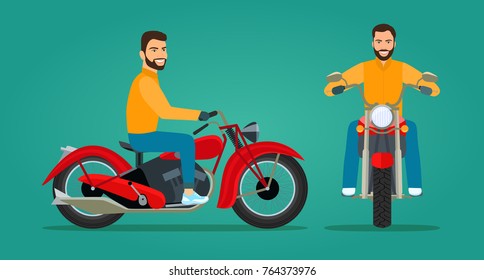 Young Man Riding A Motorcycle. Front And Side View. Vector Flat Style Illustration