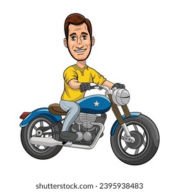 Joven montando una ilustración vectorial de una motocicleta. concepto de motocicleta azul vectorial