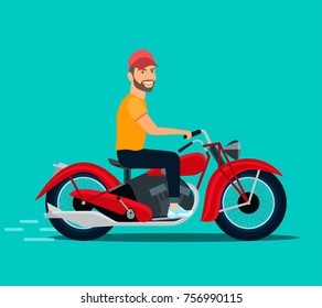 Young man riding a motorcycle. Vector flat style illustration