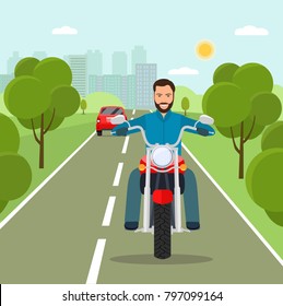 Young man riding a motorcycle.  Vector flat style illustration