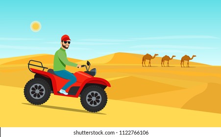 Young man riding on the ATV motorcycle in desert. Vector flat style illustration