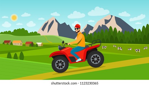 Young man riding on the ATV motorcycle in summer landscape with village and herd of cows on the field.. Vector flat style illustration