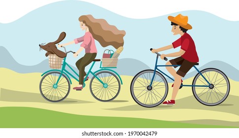 Young man is riding on bicycles on the natural landscape background. Vector illustration.