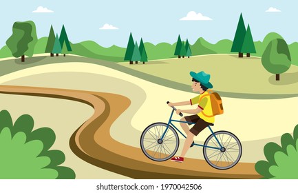 Young man is riding on bicycles on the natural landscape background. Vector illustration.