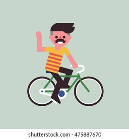 Young man riding on bike and friendly smiling. Cool trendy illustration in flat design. Vector.