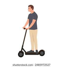 Young man riding on electic kick scooter. Flat vector illustration isolated on white background