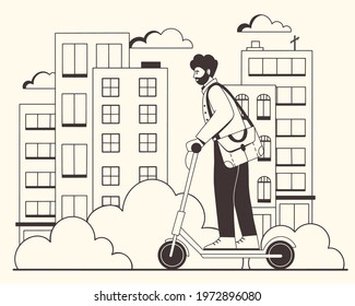 Young man riding on electric scooter in the city. Ecology transport concept. Eco Friendly personal transport. Flat vector illustration isolated on white background.