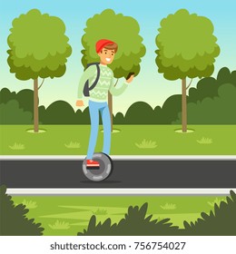 Young man riding on gyroscope in the park, man on self balancing modern electric scooter vector illustration