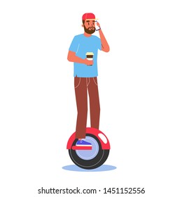 Young man riding on the hoverboard. Idea of modern technology and futuristic device. Electric fast board. Isolated vector illustration in cartoon style