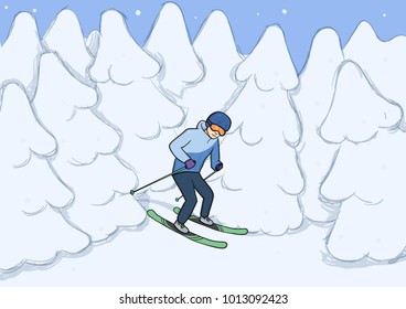 Young man riding on mountain skiing among the snow-covered forest. Winter extreme sport, freeride. Vector illustration.