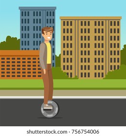 Young man riding on one wheel electric scooter on city background, intelligent and fashionable personal electric vehicle vector illustration