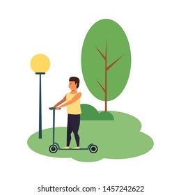 Young man riding on scooter at park scenery isolated vector illustration graphic design