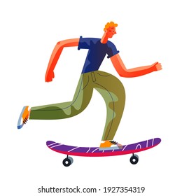 Young man riding on skateboard. Happy boy skating on board with speed, isolated on white background. Recreation at skatepark playground vector illustration. Modern youth leisure.