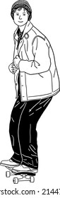 Young man Riding on skateboard outdoor Sport Hand drawn line art illustration
