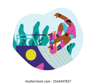 Young man riding on skateboard in skatepark, flat cartoon vector illustration isolated on white background. Emblem or decorative badge for skateboarding.